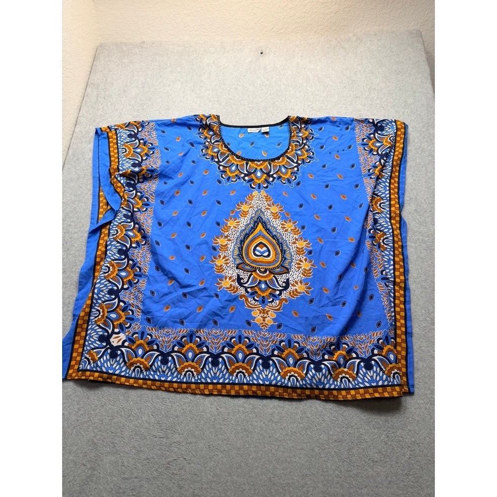 Santé Classics Blue Paisley Dashiki Kaftan Top Oversized Poncho Blouse One Size